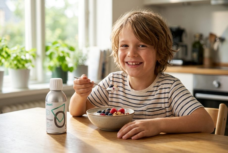 Dieťa pri raňajkách s jogurtom a balením tekutých omega-3 Puori O3L