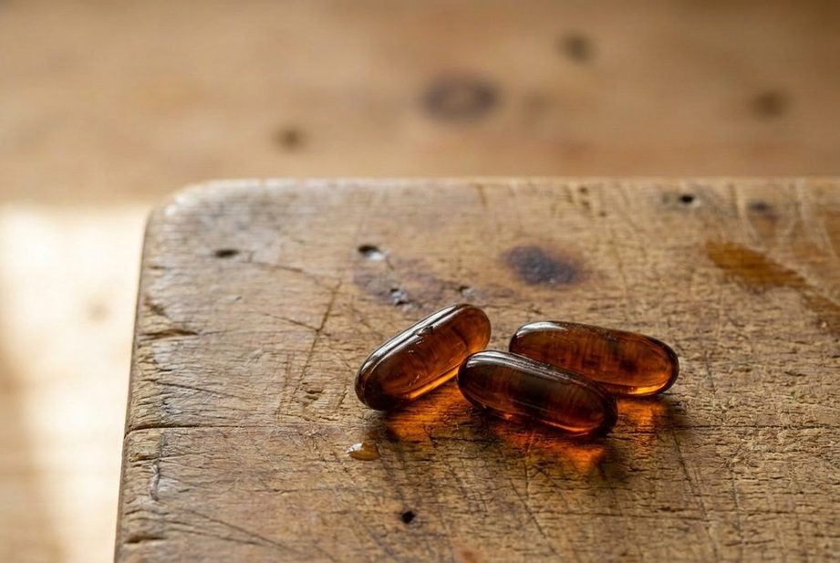 Omega-3 EPA v kapsulách – kvalita a čistota sú kľúčové Detail kapsúl rybieho oleja na drevenom stole, ranné svetlo