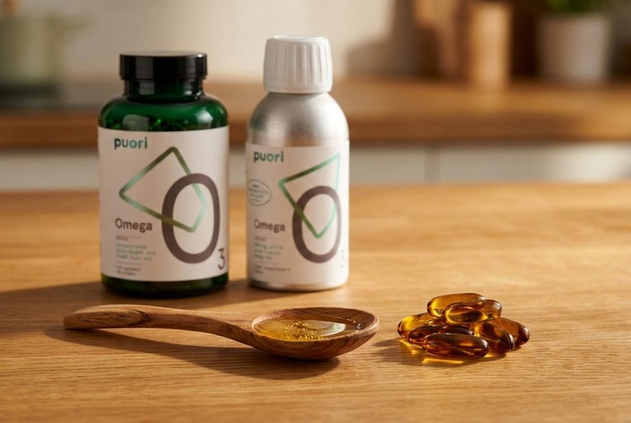 Tekutý rybí olej na lyžičke a omega-3 kapsuly vedľa fliaš Puori O3 a O3L