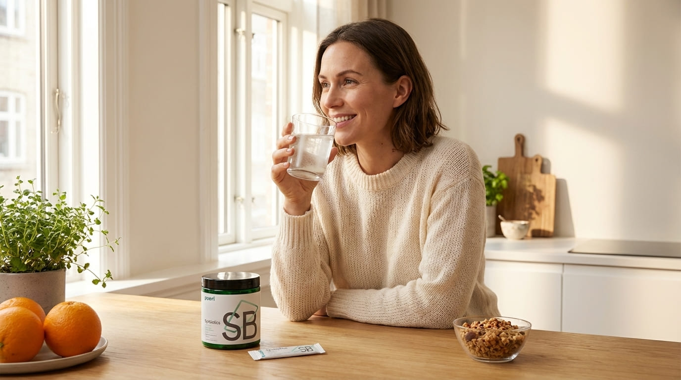 person drinking probiotic supplement gut health lifestyle morning routine