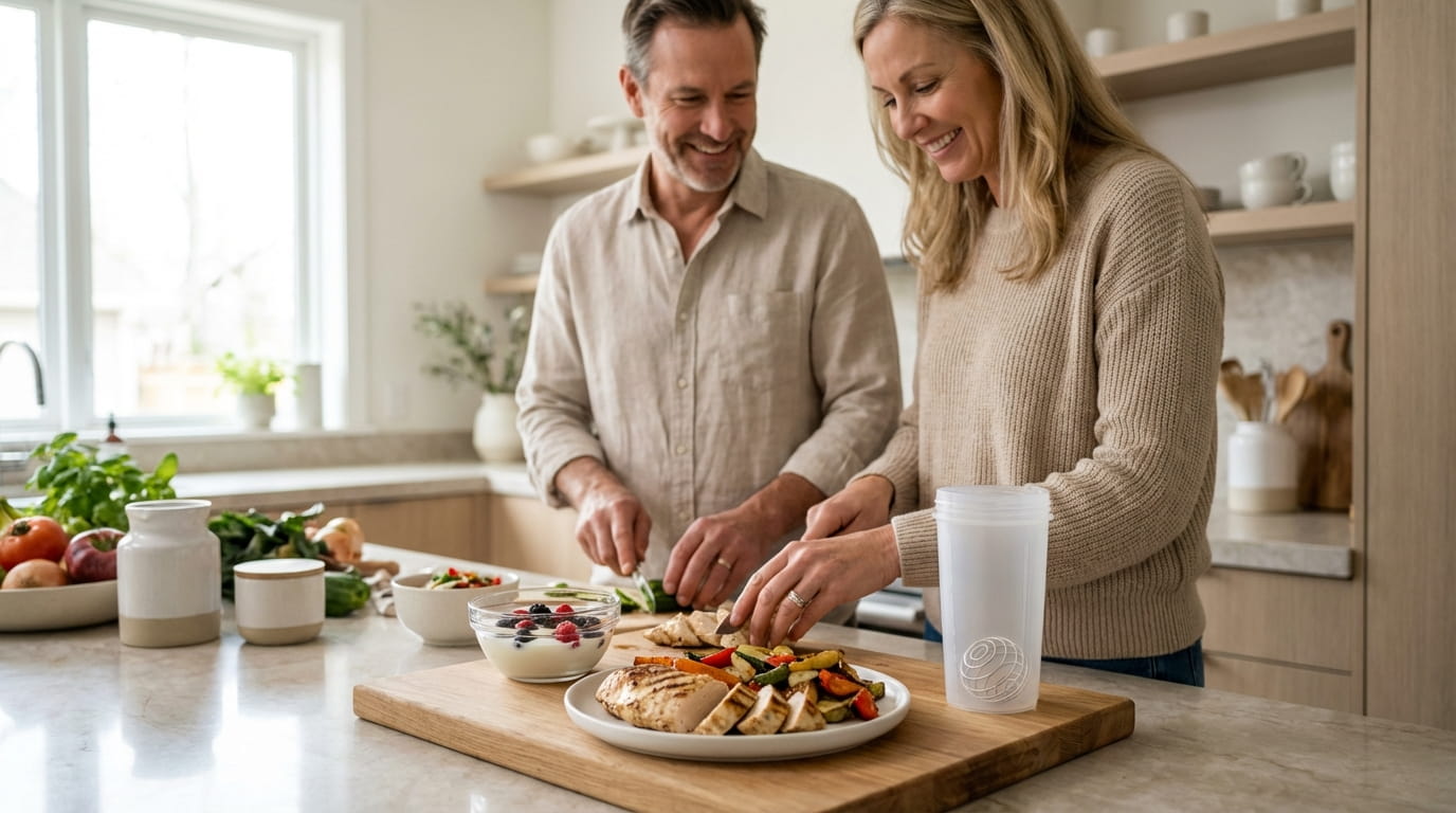 Proteín po 40-ke a 50-ke: praktická ukážka jedál s vysokým obsahom bielkovín a proteínový shaker v kuchyni