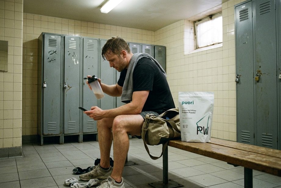 Muž v šatni po tréningu s proteínovým shakerom, vedľa neho balenie Puori PW1