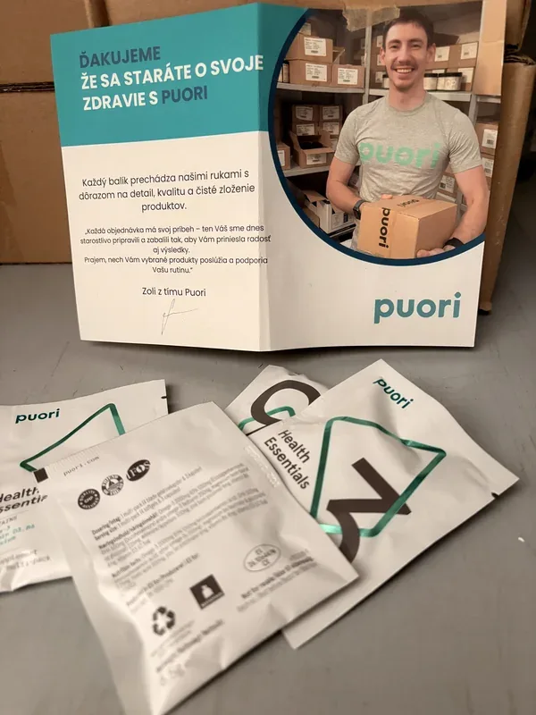 Leták Puori s osobným poďakovaním a produktovými vzorkami