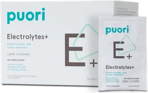 Puori Electrolytes+, krabička a jednotlivé vrecko