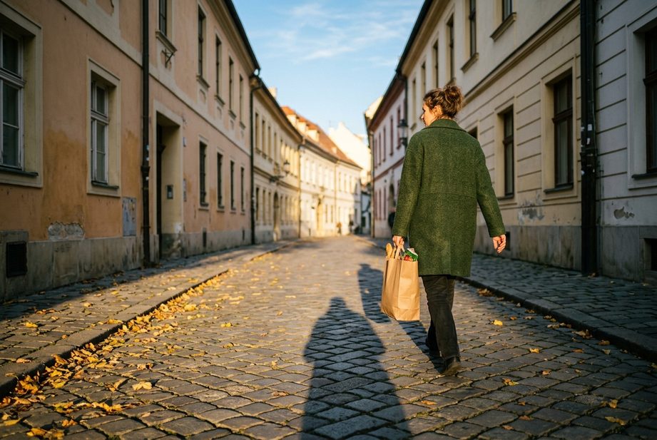 Žena kráča jesennou dláždenou uličkou v Bratislave, jej tieň je dlhší než ona