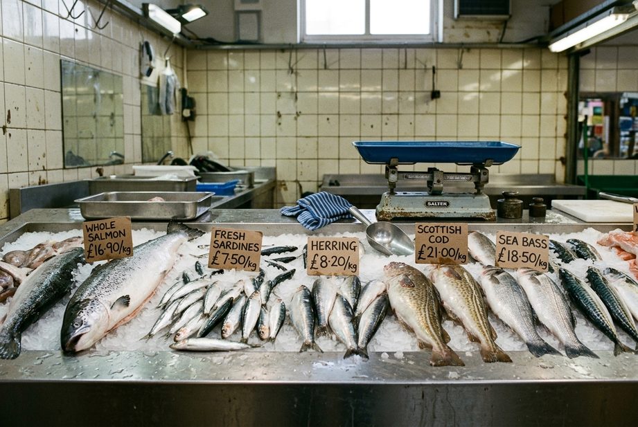 Rybí pult s lososom, sardinkami, sleďom a treskou na ľade