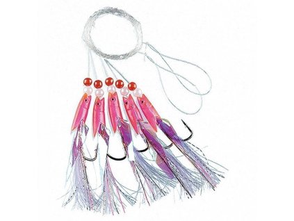 Pink rubber with white feathers 5-hooks size 3/0