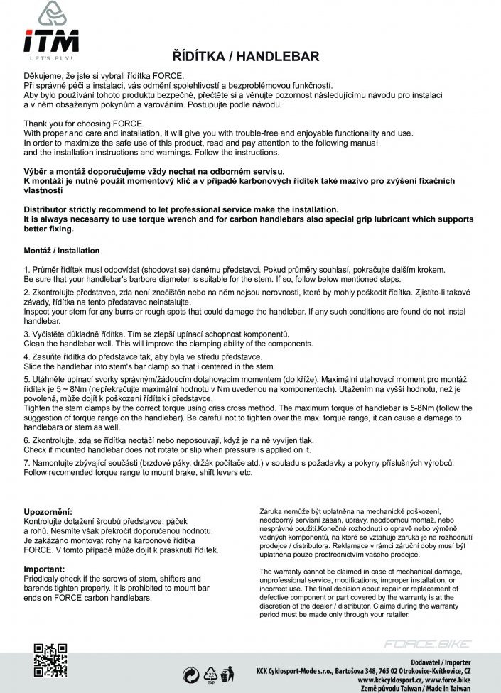 řídítka ITM XX7 MTB rovná 31,8/620 mm, Al, černá
