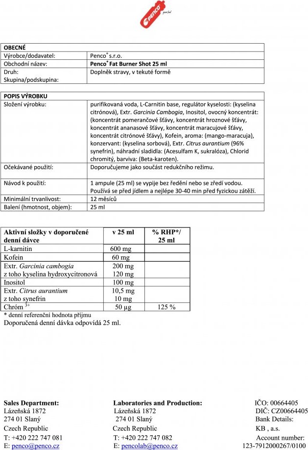 PENCO Fat Burner Shot, ampule, 25 ml mango-marakuja