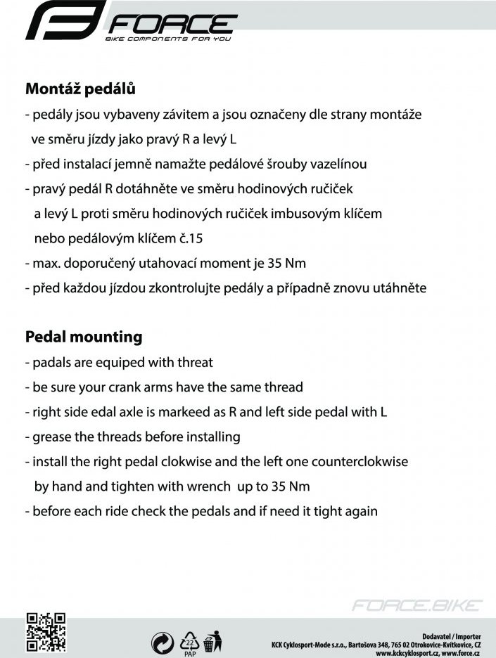 FORCE pedály dětské F 698 NESTANDARDNÍ MALÝ závit, černé