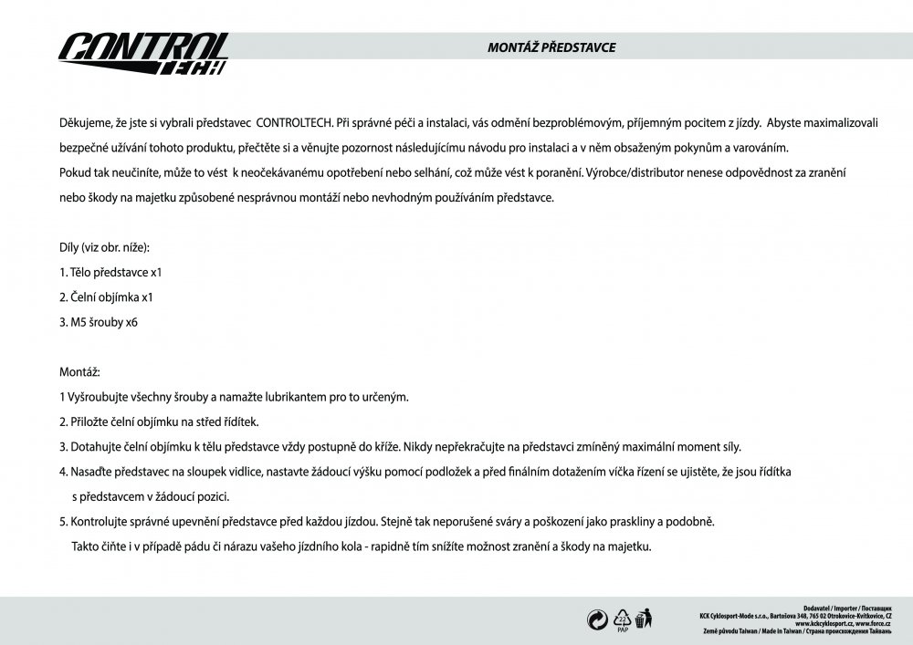 představec CONTROLTECH OE 31,8/90mm/5°, Al, černý