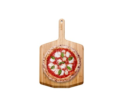 Ooni 12 Bamboo Peel Front with pizza