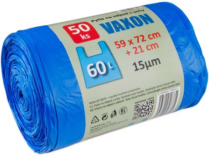 Pytle na odpadky Vaxon 60 l – 50 ks, 15 µm, s uchy, modré
