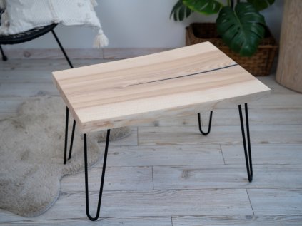 Jaseňový Konferenčný Stolík z Prírodnej Masívnej Fošne + Epoxid 70x40-50 cm