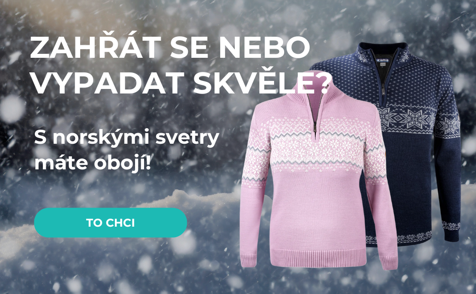 Dámský růžový a pánský tmavě modrý norský svetr s tradičním vzorem na pozadí zimní krajiny.