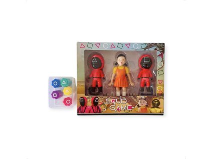 Squid Game figúrky – sada 3 postavičiek + farebné Gongi kocky