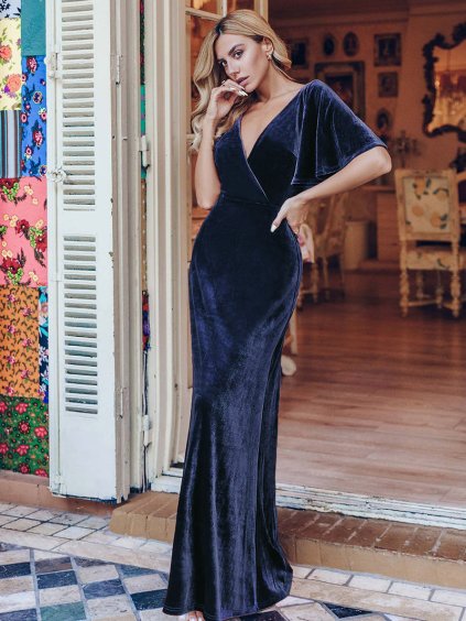 Ever Pretty plesové šaty tmavě modré velvet 861 (* Velikost 9XL / 58 / 26 / 30)