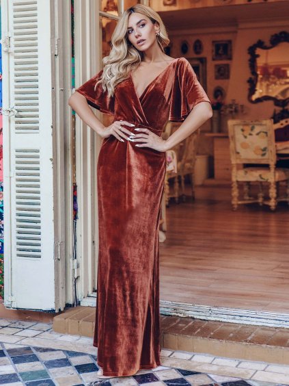 Luxusní dlouhé šaty sametové cihlové