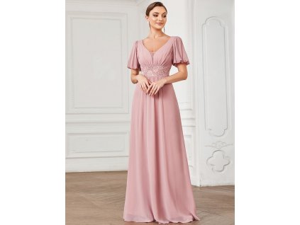 1386 Jemně růžové šaty s krajkou a rukávky