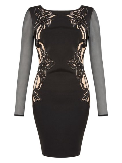 A Šaty černé vyšité vzory bodycon s rukávy OH170