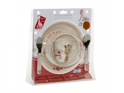 Vulli Jídelní set žirafa Sophie - s motivem ptáčka Kiwi (růžová)