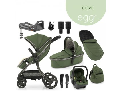 Egg 2 SET PLATINUM 9 v 1 OLIVE / Gun metal, kočárek, korba, autosedačka, multiadaptér, batoh, fusak, držák nápojů, zvyš.adaptér, báze