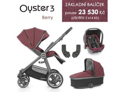 Oyster 3 Základní set 4 v 1 BERRY (CITY GREY rám) kočár + hl.korba + autosedačka + adaptéry