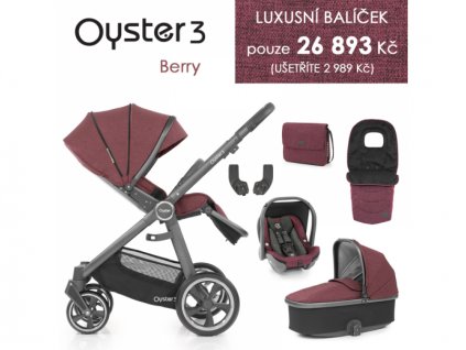 Oyster 3 Luxusní set 6 v 1 BERRY (CITY GREY rám) kočár + hl.korba + autosedačka + adaptéry + fusak + taška