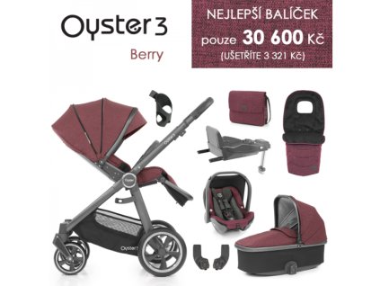 Oyster 3 Nejlepší set 8 v 1 BERRY (CITY GREY rám) kočár + hl.korba + autosedačka + adaptéry + fusak + taška + isofix báze + držák na nápoje