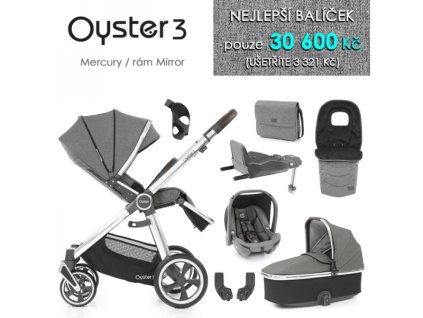 Oyster 3 Nejlepší set 8 v 1 MERCURY (MIRROR rám) kočár + hl.korba + autosedačka + adaptéry + fusak + taška + isofix báze + držák na nápoje