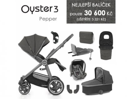 Oyster 3 Nejlepší set 8 v 1 PEPPER (CITY GREY rám) kočár + hl.korba + autosedačka + adaptéry + fusak + taška + isofix báze + držák na nápoje