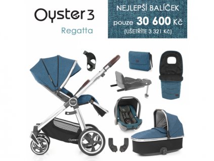 Oyster 3 Nejlepší set 8 v 1 REGATTA (MIRROR rám) kočár + hl.korba + autosedačka + adaptéry + fusak + taška + isofix báze + držák na nápoje