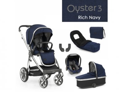 Oyster 3 Luxusní set 6 v 1 RICH NAVY (MIRROR rám) 2022 kočár + hl.korba + autosedačka + adaptéry + fusak + taška