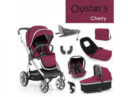 Oyster 3 Nejlepší set 8 v 1 CHERRY (MIRROR rám) 2022 kočár + hl.korba + autosedačka + adaptéry + fusak + taška + isofix báze + držák na nápoje