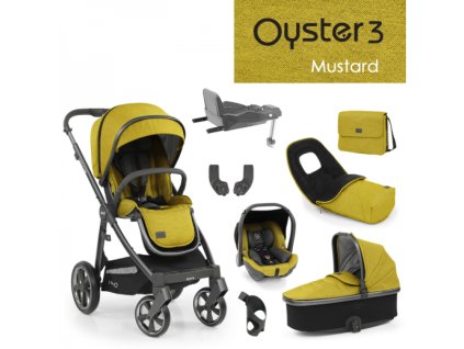 Oyster 3 Nejlepší set 8 v 1 MUSTARD (CITY GREY rám) 2022 kočár + hl.korba + autosedačka + adaptéry + fusak + taška + isofix báze + držák na nápoje