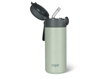 Zopa Termoska na tekutiny s brčkem a silikonovým držákem 350 ml Pistacio green