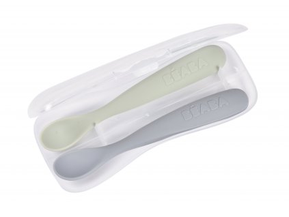 Beaba První lžičky silikonové 2 ks s pouzdrem Pebble Green