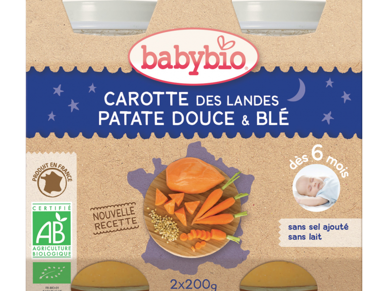 Levně BabyBio večerní menu mrkev se sladkými brambory a pšenicí 2x200g