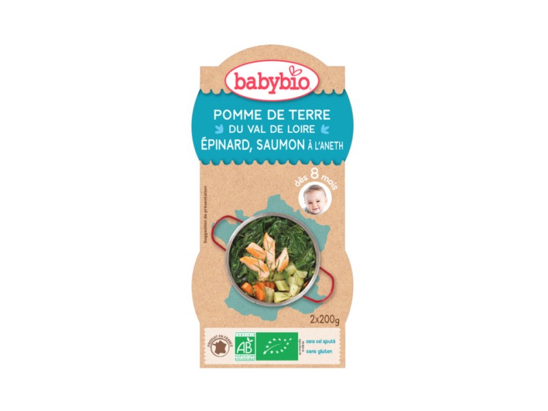 Levně BabyBio menu brambory a špenát s lososem a rýží 2x200g