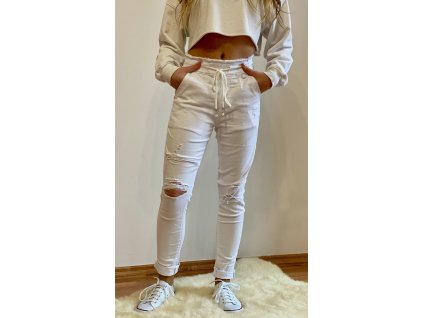 JEANS BÍLÉ DLOUHÉ S GUMOU GD-01 (Velikost XS)