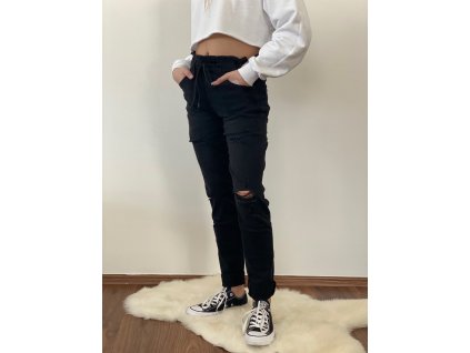 JEANS ČERNÉ DLOUHÉ S GUMOU RE-95-A1 (Velikost XS)