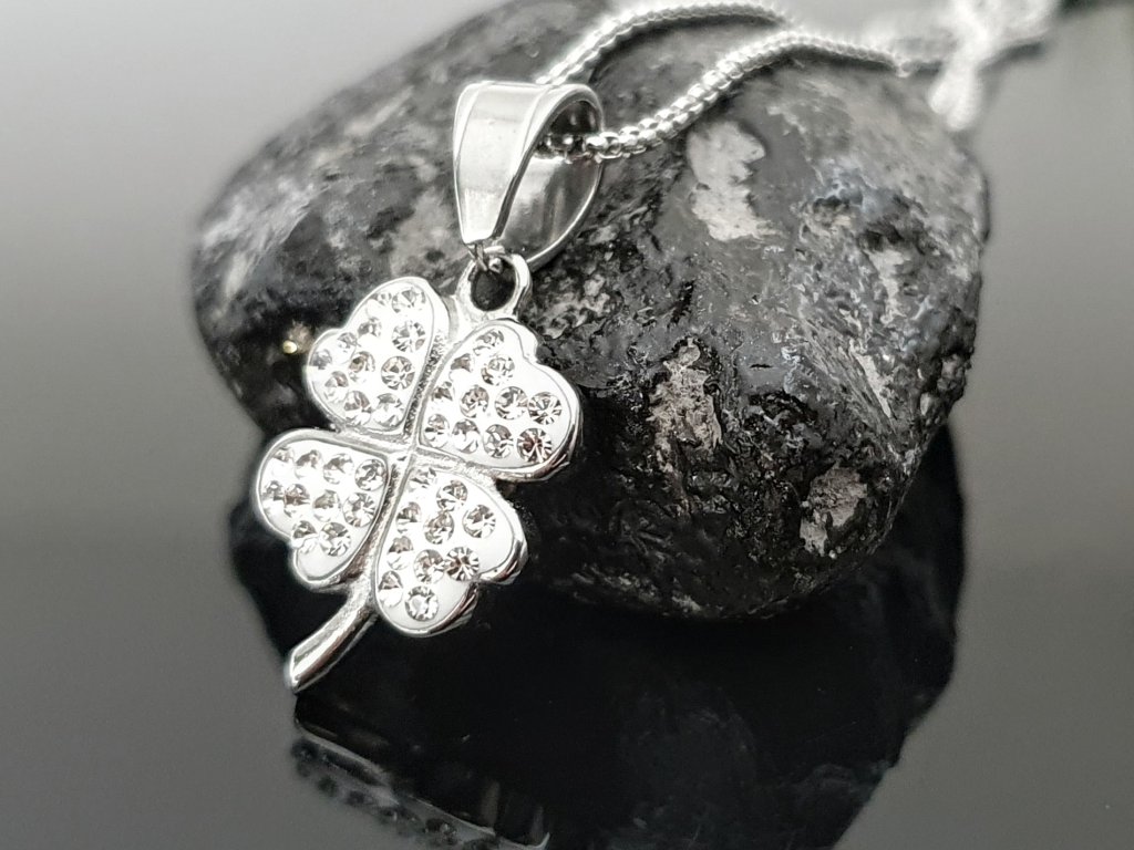 Ocelový řetízek Čtyřlístek s kamínky “Lucky Gemstone” stříbrná