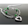 Dvojitý ocelový náramek se srdíčkem a zelenými korálky stříbrná