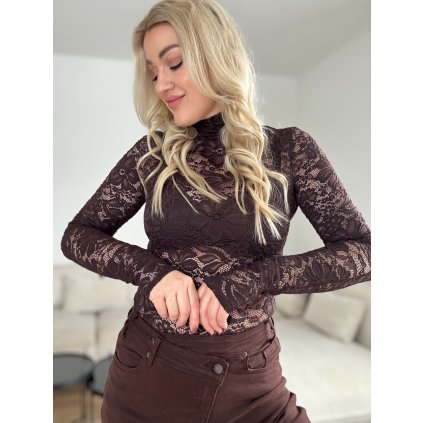 Transparentný čipkovaný top LAMILLA hnedý