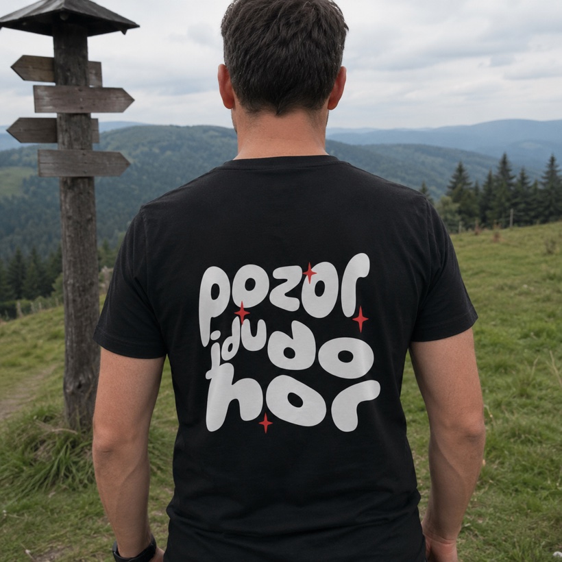 Pánské tričko POZOR, JDU DO HOR na postavě