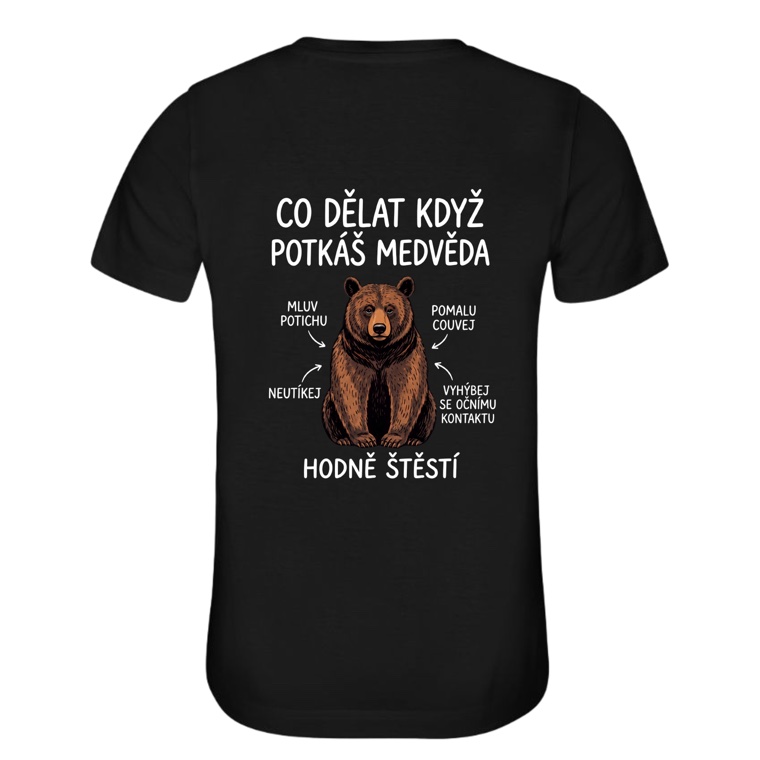 Dámské tričko CO DĚLAT, KDYŽ POTKÁŠ MEDVĚDA černé, potisk na zádech