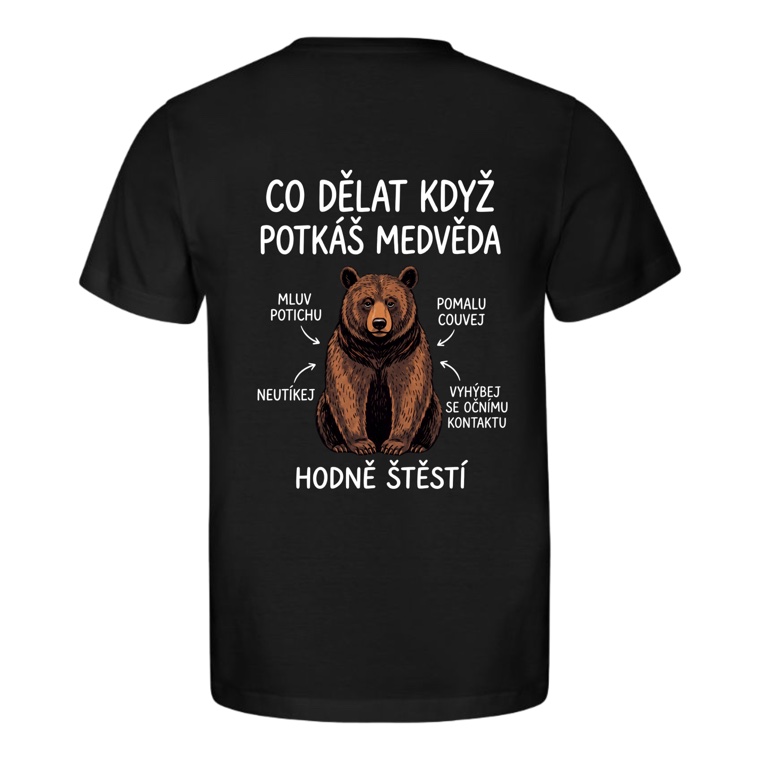 Pánské tričko CO DĚLAT, KDYŽ POTKÁŠ MEDVĚDA černé, potisk na zádech