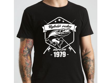 Tričko pánské pro rybáře s potiskem rybář roku s volbou ROČNÍKU například 1939 1949 1959 1969 1979 černé