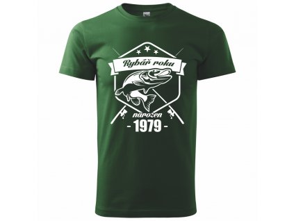 Tričko pánské pro rybáře s potiskem rybář roku s volbou ROČNÍKU například 1939 1949 1959 1969 1979 zelená tmavá