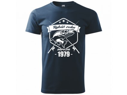 Tričko pánské pro rybáře s potiskem rybář roku s volbou ROČNÍKU například 1939 1949 1959 1969 1979 modrá tmavá